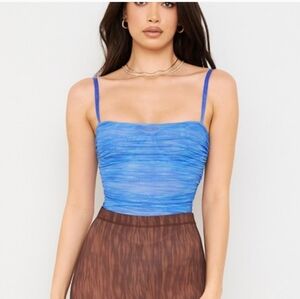 House of cb Pearl Sky Blue Print Ruched Mesh Bodysuit Xs